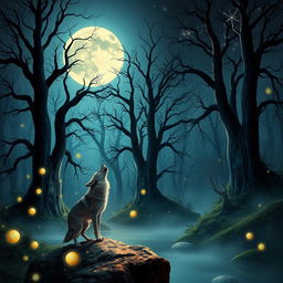 A fantasy scene featuring a glowing full moon illuminating a mystical forest with ancient, towering trees