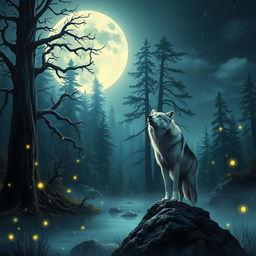 A fantasy scene featuring a glowing full moon illuminating a mystical forest with ancient, towering trees