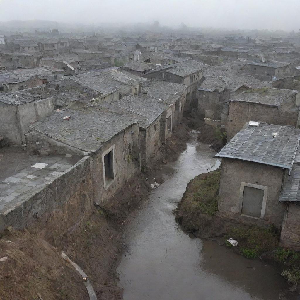 An image of a grimy, grey village with poorly constructed sewers and weather-beaten houses