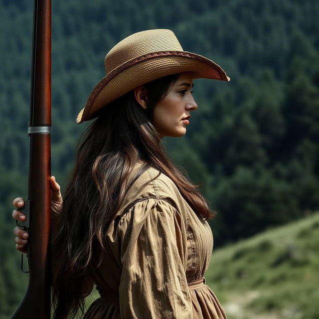 A woman from the US Revolutionary War period in full profile, standing on a hill with her rifle raised as if ready to fire