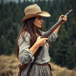 A woman from the US Revolutionary War period in full profile, standing on a hill with her rifle raised as if ready to fire