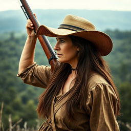 A woman from the US Revolutionary War period in full profile, standing on a hill with her rifle raised as if ready to fire