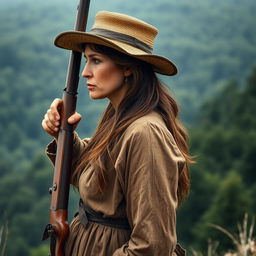 A woman from the US Revolutionary War period in full profile, standing on a hill with her rifle raised as if ready to fire