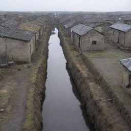 An image of a grimy, grey village with poorly constructed sewers and weather-beaten houses