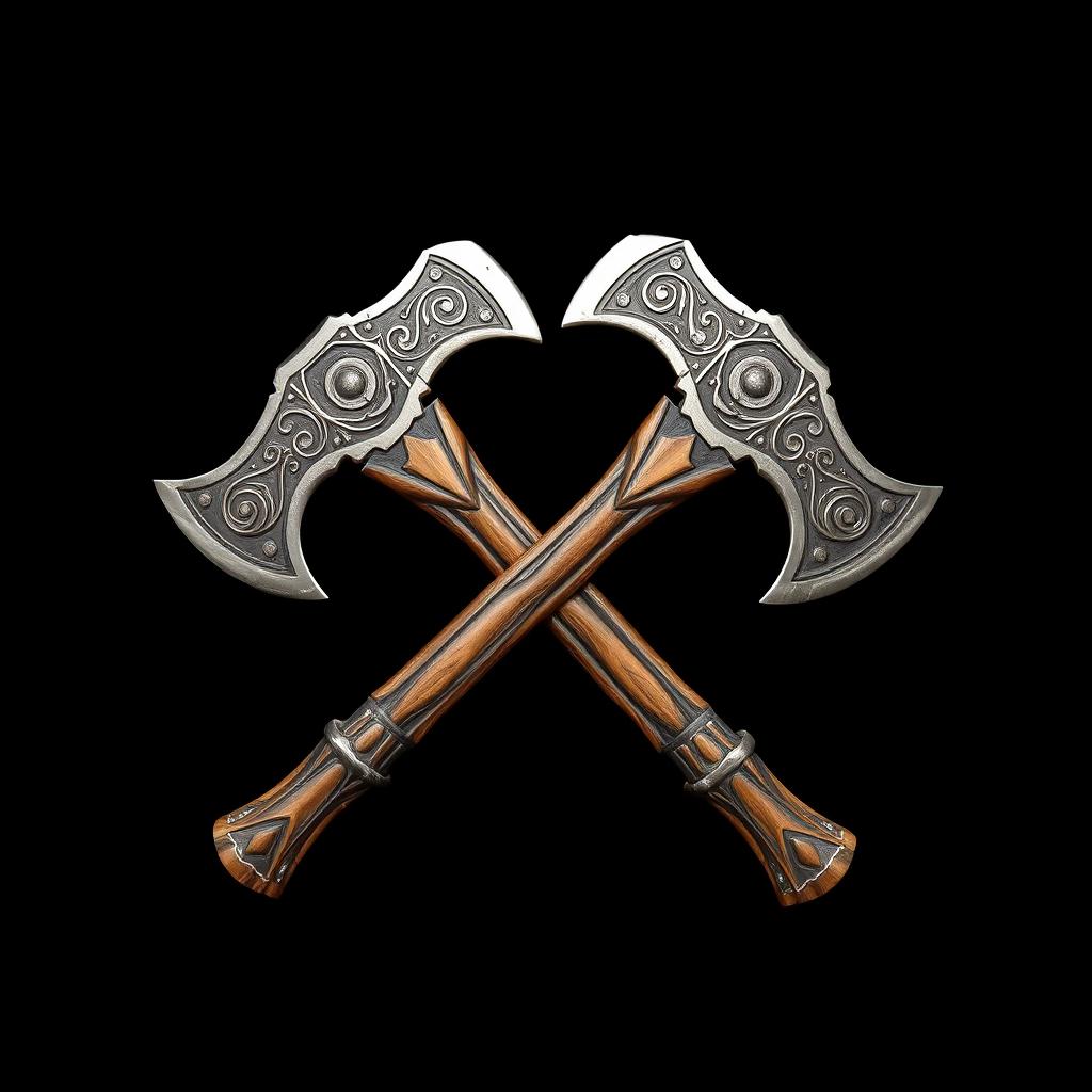 Two crossed Viking-style axes on a black background