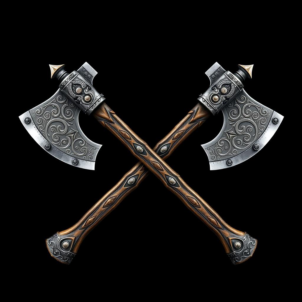 Two crossed Viking-style axes on a black background