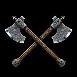 Two crossed Viking-style axes on a black background