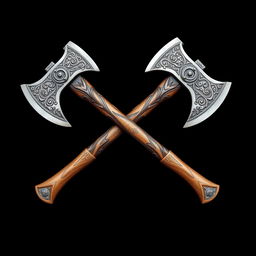 Two crossed Viking-style axes on a black background