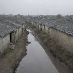 An image of a grimy, grey village with poorly constructed sewers and weather-beaten houses