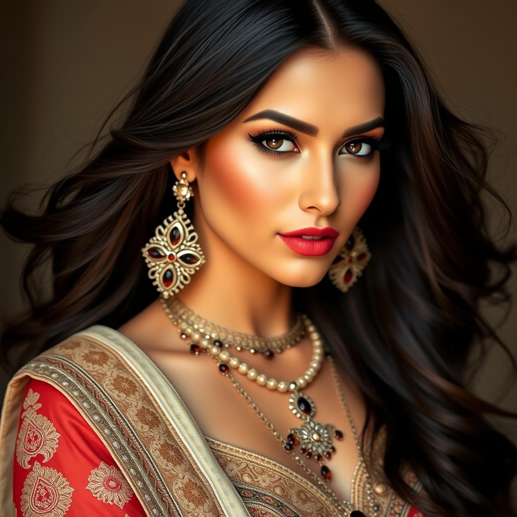 A stunning Middle Eastern woman with luxurious, dark flowing hair and expressive eyes, showcasing her beautiful, culturally significant attire