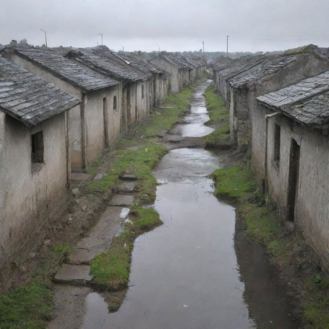 An image of a grimy, grey village with poorly constructed sewers and weather-beaten houses