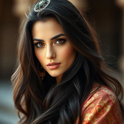 A stunning Middle Eastern woman with luxurious, dark flowing hair and expressive eyes, showcasing her beautiful, culturally significant attire