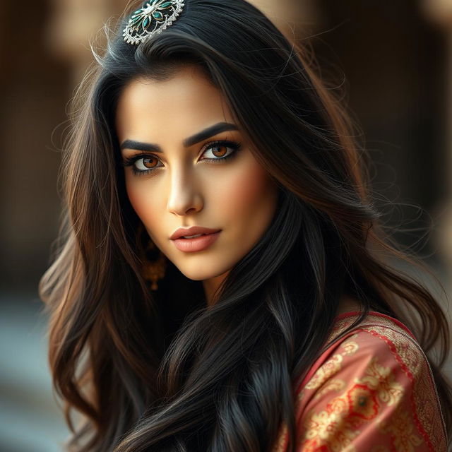 A stunning Middle Eastern woman with luxurious, dark flowing hair and expressive eyes, showcasing her beautiful, culturally significant attire