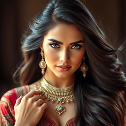 A stunning Middle Eastern woman with luxurious, dark flowing hair and expressive eyes, showcasing her beautiful, culturally significant attire