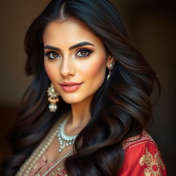 A stunning Middle Eastern woman with luxurious, dark flowing hair and expressive eyes, showcasing her beautiful, culturally significant attire