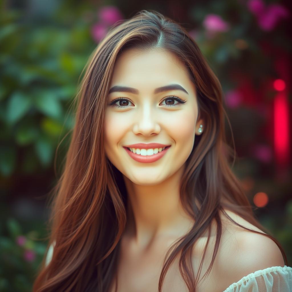 A serene outdoor portrait of a woman with long hair and a gentle smile, set in a garden with lush greenery and soft pink lighting that creates a warm atmosphere