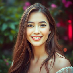 A serene outdoor portrait of a woman with long hair and a gentle smile, set in a garden with lush greenery and soft pink lighting that creates a warm atmosphere