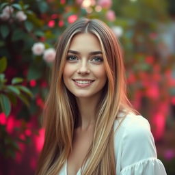 A serene outdoor portrait of a woman with long hair and a gentle smile, set in a garden with lush greenery and soft pink lighting that creates a warm atmosphere