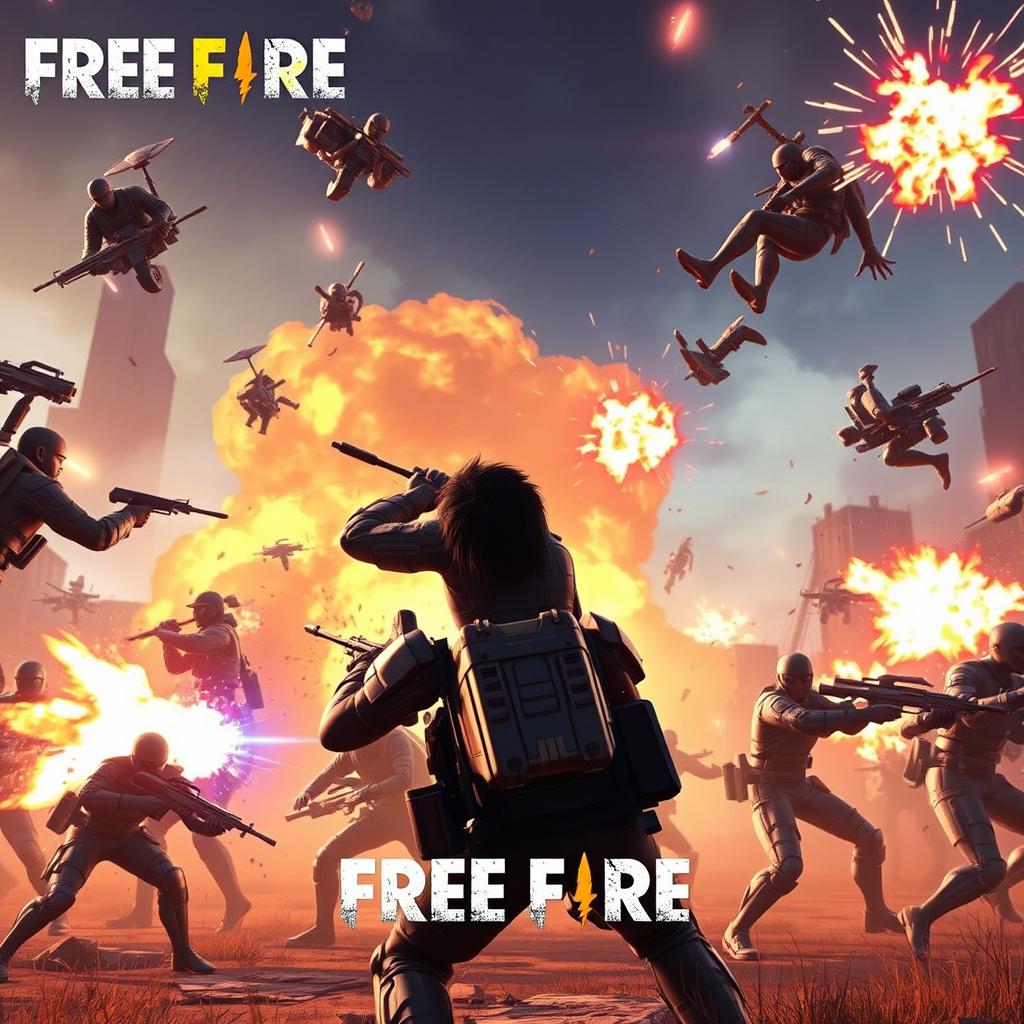 An intense and action-packed scene from the game Free Fire, featuring dynamic characters engaged in a high-energy battle royale