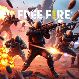 An intense and action-packed scene from the game Free Fire, featuring dynamic characters engaged in a high-energy battle royale