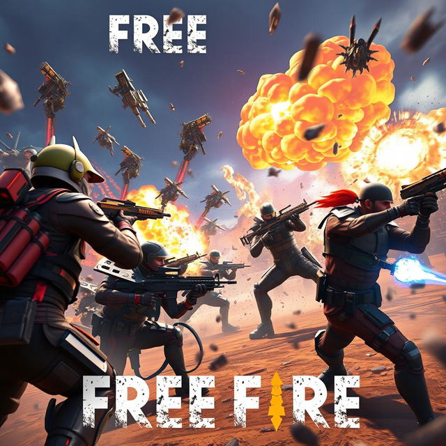 An intense and action-packed scene from the game Free Fire, featuring dynamic characters engaged in a high-energy battle royale