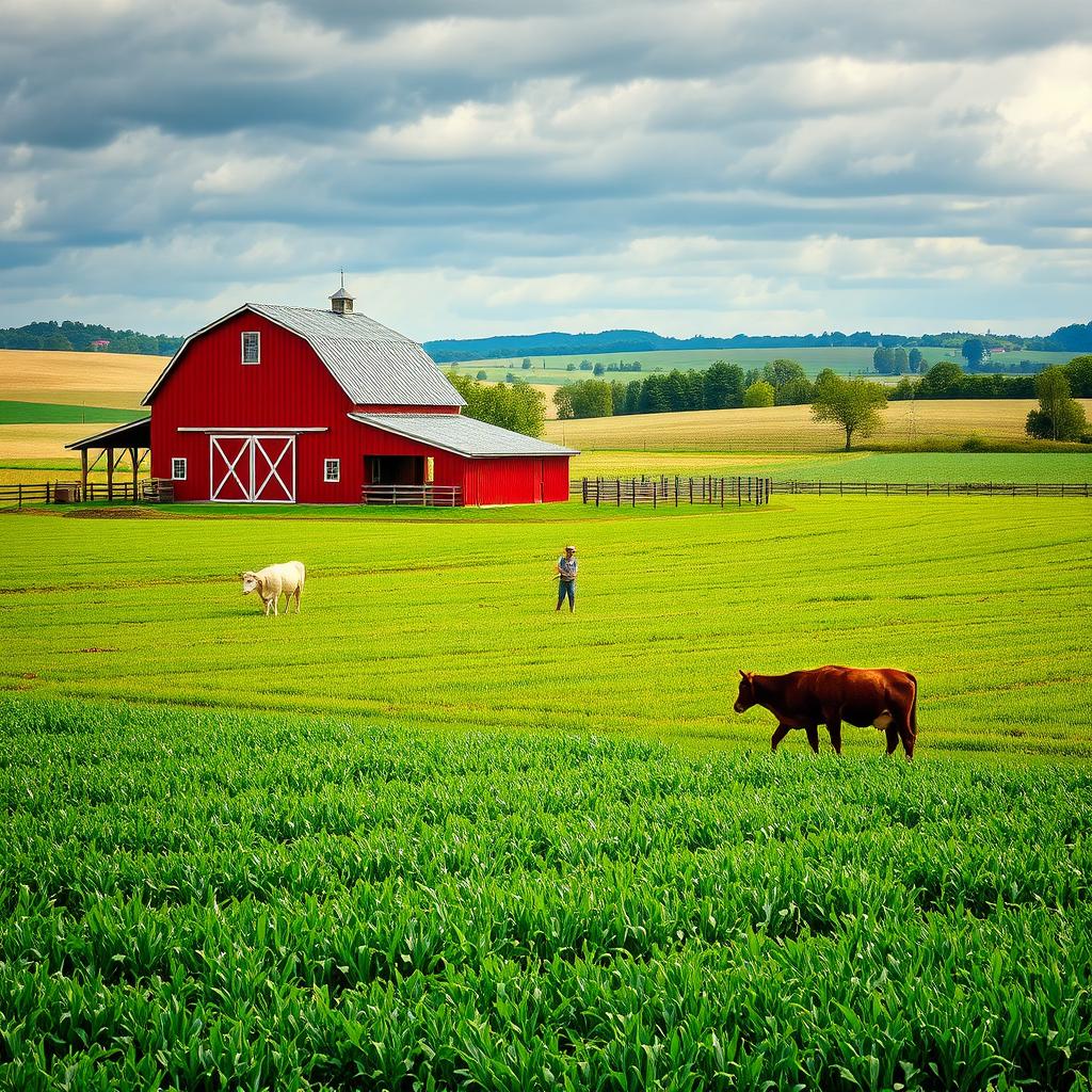 A picturesque scene of a traditional farm, showcasing a sprawling landscape with fields of crops and a classic red barn