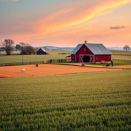 A picturesque scene of a traditional farm, showcasing a sprawling landscape with fields of crops and a classic red barn