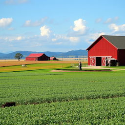 A picturesque scene of a traditional farm, showcasing a sprawling landscape with fields of crops and a classic red barn