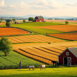 A picturesque scene of a traditional farm, showcasing a sprawling landscape with fields of crops and a classic red barn