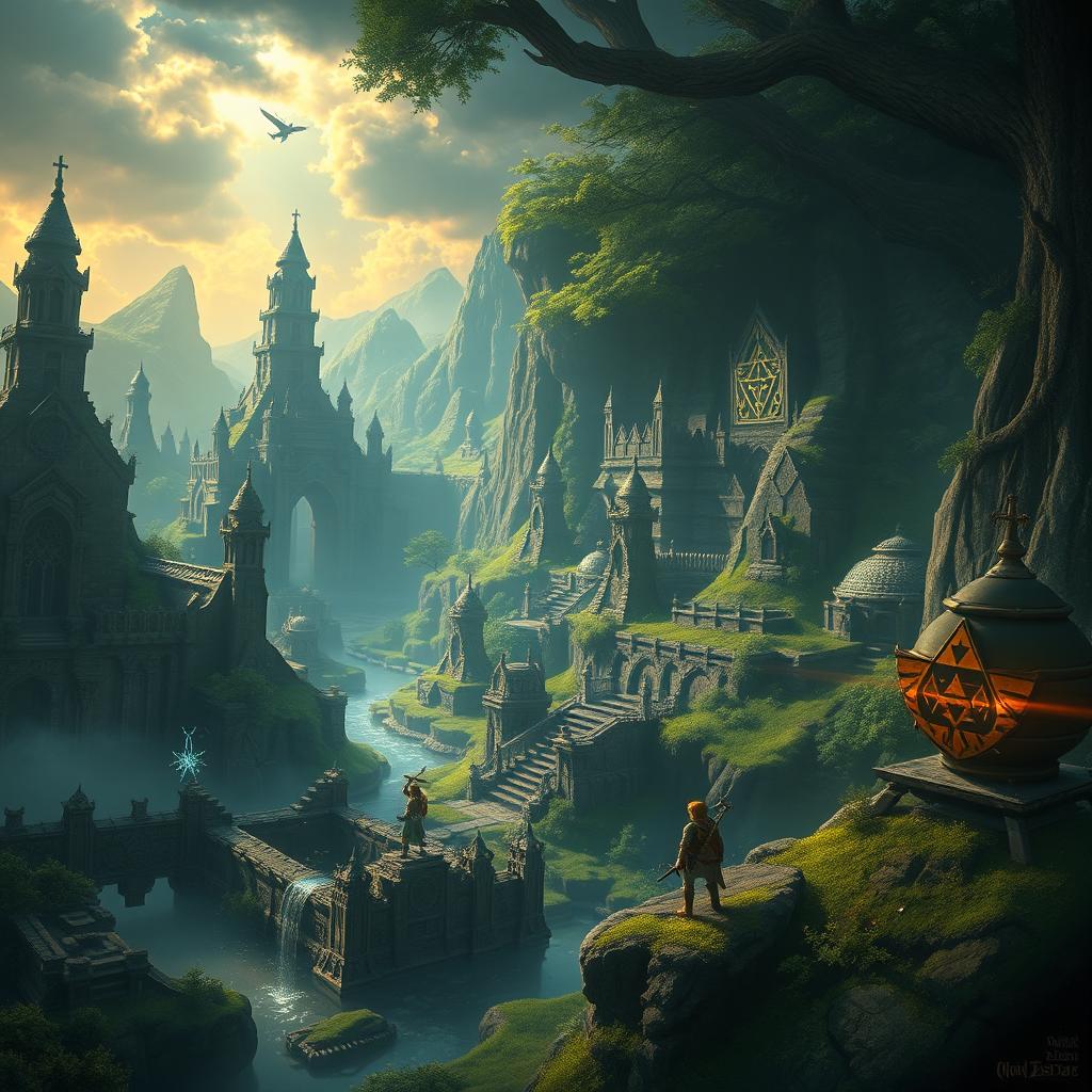 A highly detailed and atmospheric scene inspired by the world of Zelda, featuring mystical landscapes filled with ancient ruins, lush forests, and magical elements