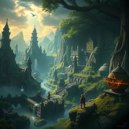 A highly detailed and atmospheric scene inspired by the world of Zelda, featuring mystical landscapes filled with ancient ruins, lush forests, and magical elements