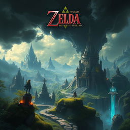 A highly detailed and atmospheric scene inspired by the world of Zelda, featuring mystical landscapes filled with ancient ruins, lush forests, and magical elements