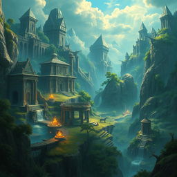 A highly detailed and atmospheric scene inspired by the world of Zelda, featuring mystical landscapes filled with ancient ruins, lush forests, and magical elements
