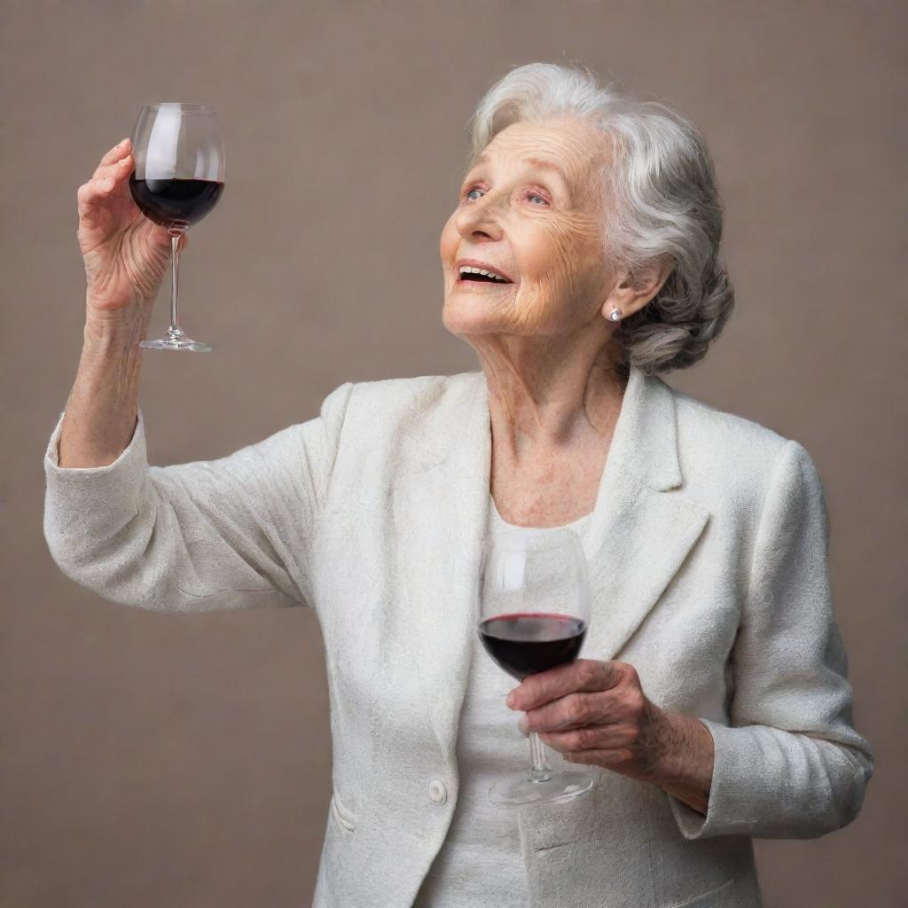 An elderly lady gracefully ascending to the heavens, holding a glass of fine wine in her hand, with a glowing, serene expression on her face.