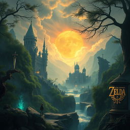 A highly detailed and atmospheric scene inspired by the world of Zelda, featuring mystical landscapes filled with ancient ruins, lush forests, and magical elements