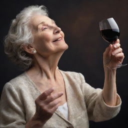 An elderly lady gracefully ascending to the heavens, holding a glass of fine wine in her hand, with a glowing, serene expression on her face.