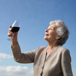 An elderly lady gracefully ascending to the heavens, holding a glass of fine wine in her hand, with a glowing, serene expression on her face.