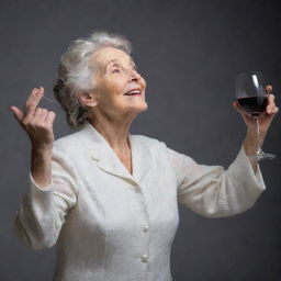 An elderly lady gracefully ascending to the heavens, holding a glass of fine wine in her hand, with a glowing, serene expression on her face.