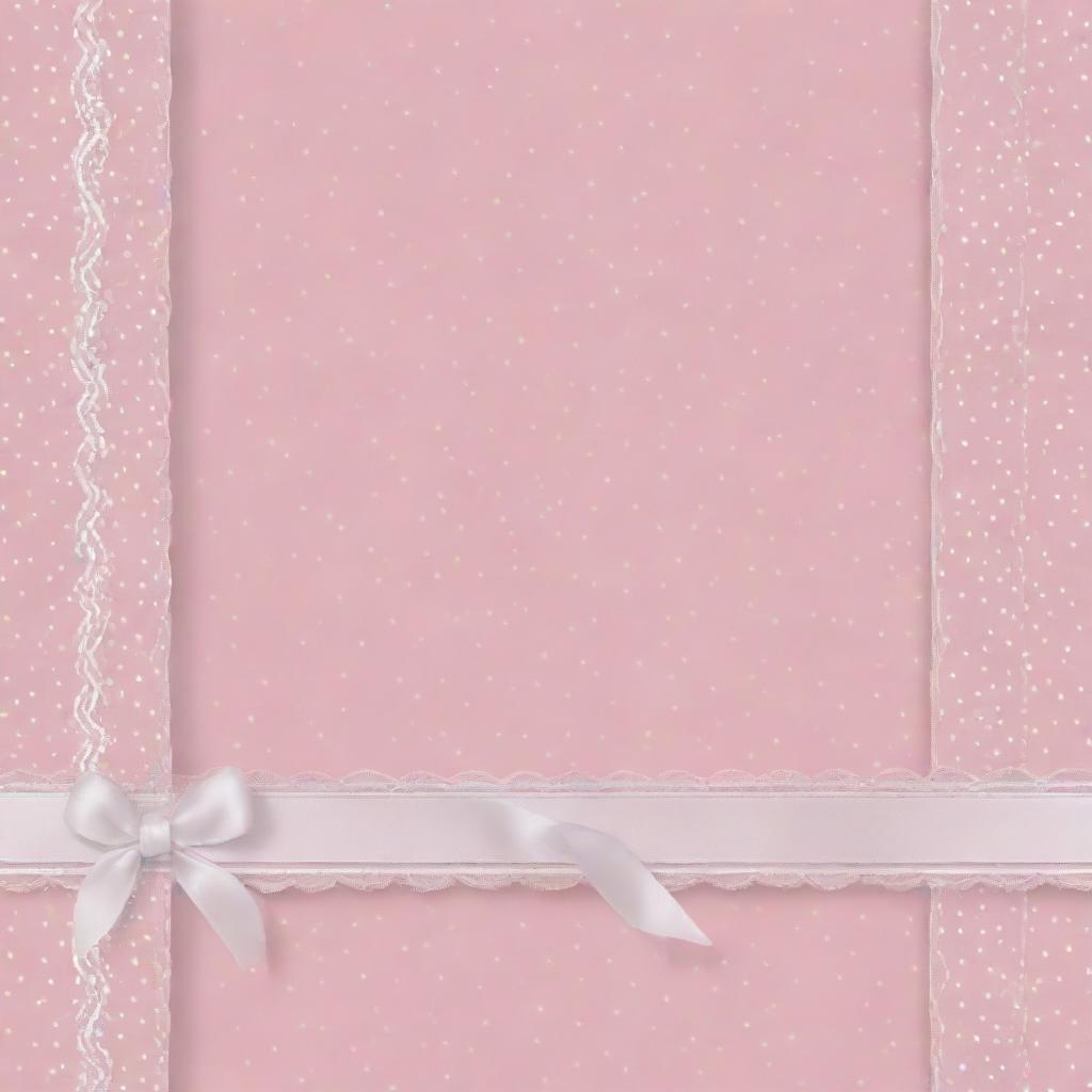 A background in baby pink color adorned with white polka dots and intricate white ribbons.