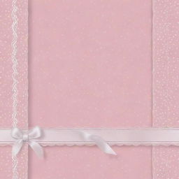 A background in baby pink color adorned with white polka dots and intricate white ribbons.