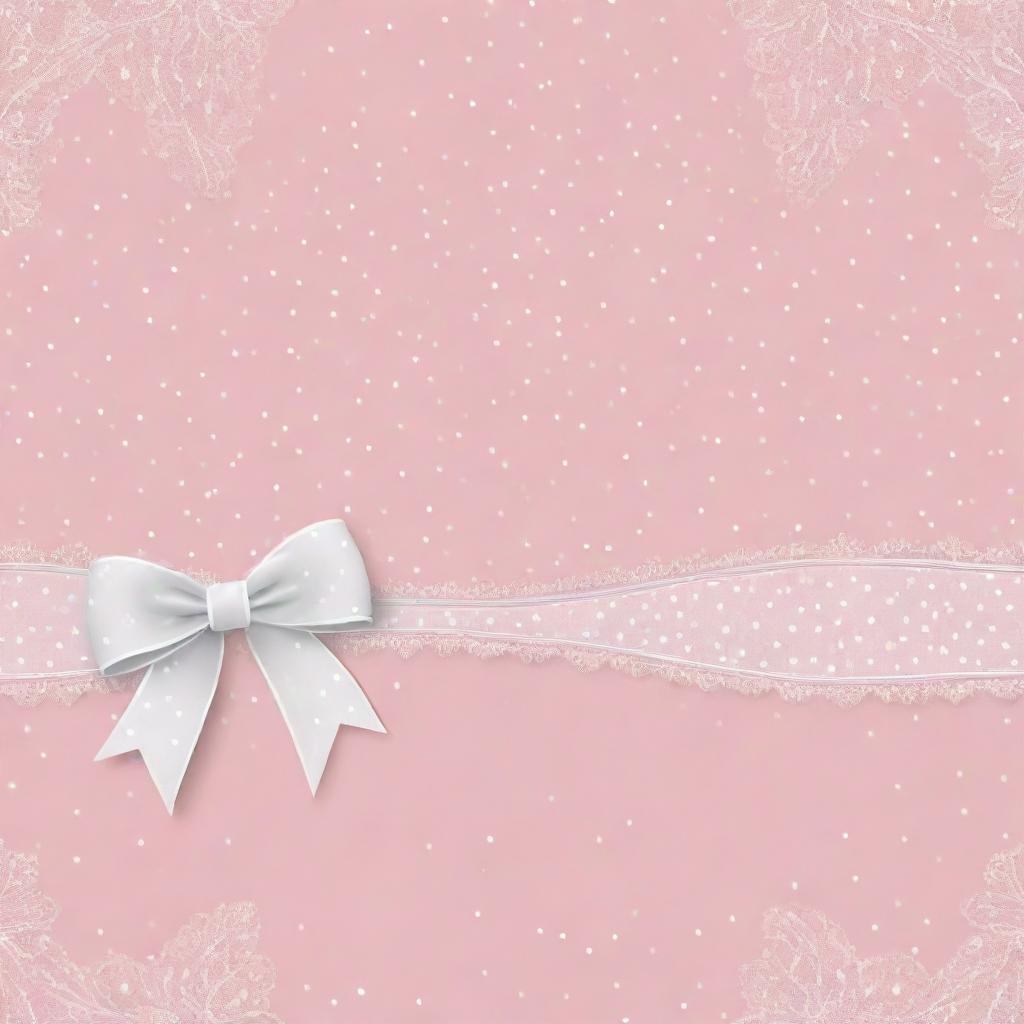 A background in baby pink color adorned with white polka dots and intricate white ribbons.