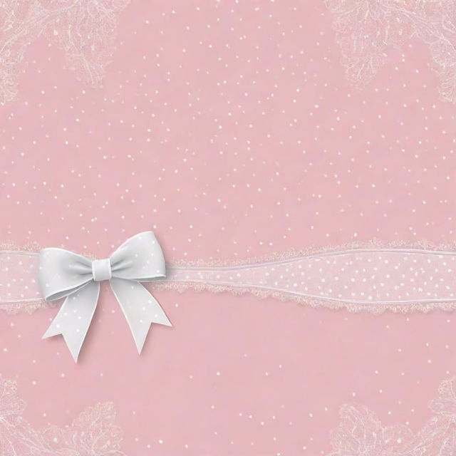 A background in baby pink color adorned with white polka dots and intricate white ribbons.