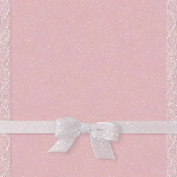 A background in baby pink color adorned with white polka dots and intricate white ribbons.