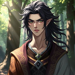 A male Kalashtar character from a fantasy setting, with a mysterious, thoughtful expression