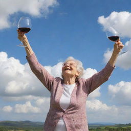 An elderly woman joyfully ascending towards the heavenly skies, a glass of wine in hand celebrating the journey.