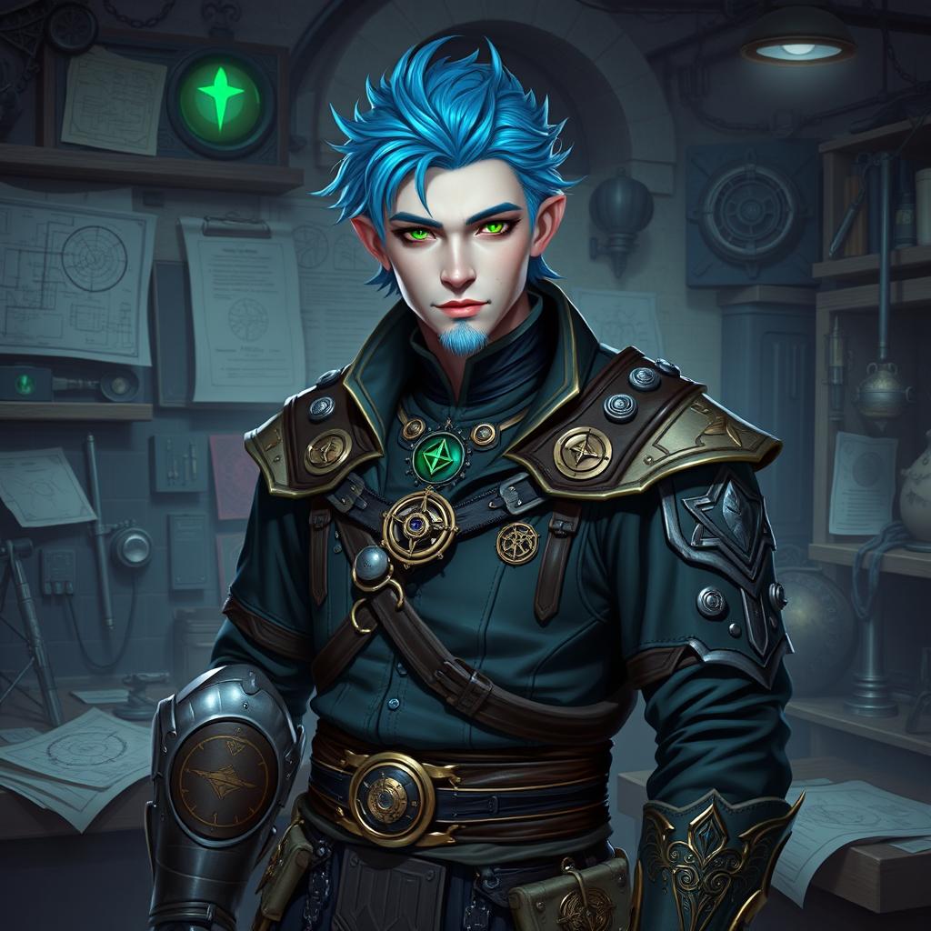 A male Kalashtar artificer with blue hair and striking green eyes, showcasing an aura of innovation and arcane mystery