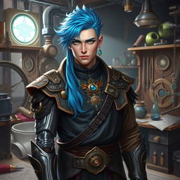 A male Kalashtar artificer with blue hair and striking green eyes, showcasing an aura of innovation and arcane mystery