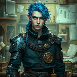 A male Kalashtar artificer with blue hair and striking green eyes, showcasing an aura of innovation and arcane mystery