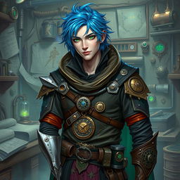 A male Kalashtar artificer with blue hair and striking green eyes, showcasing an aura of innovation and arcane mystery