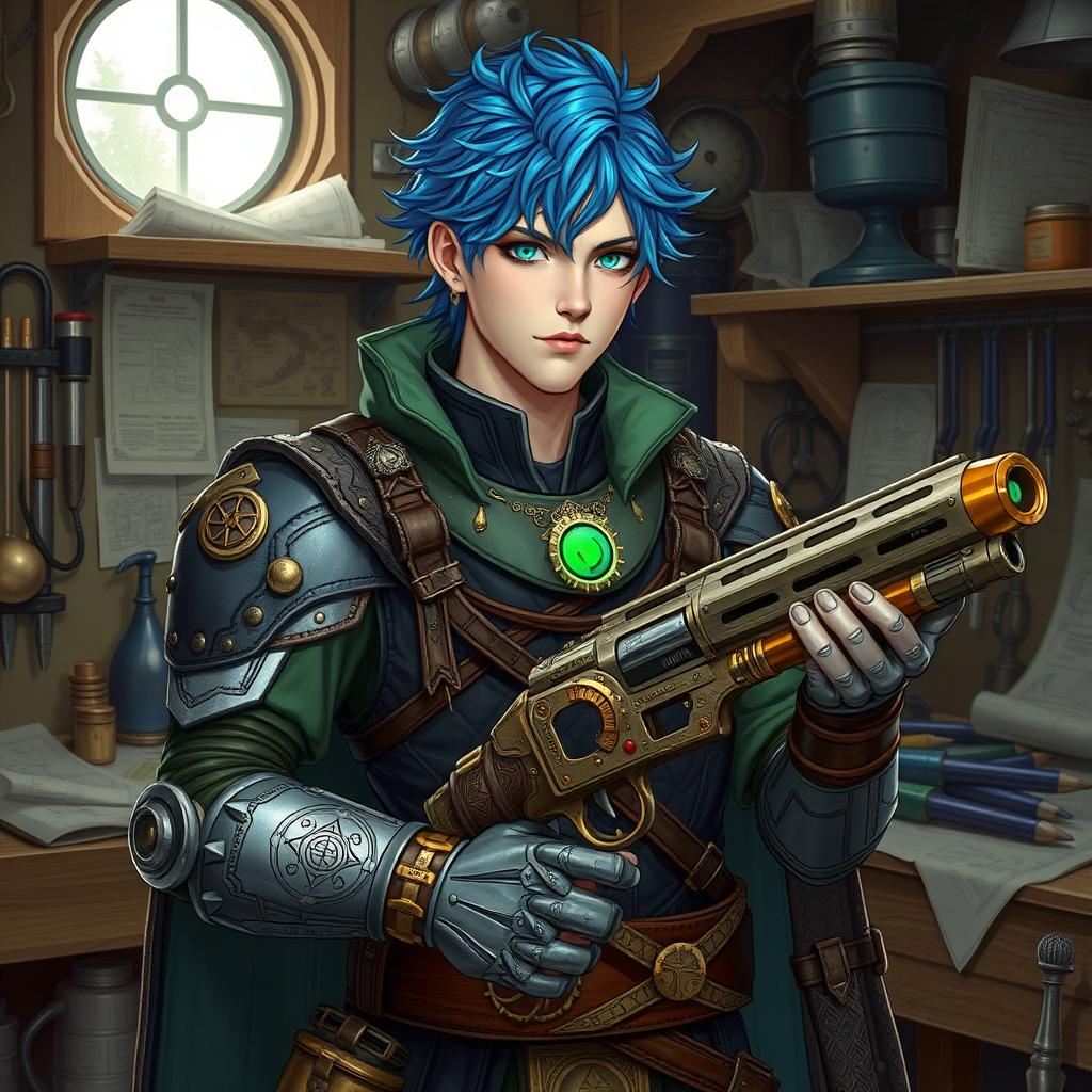 A male Kalashtar artificer with blue hair and striking green eyes, exuding an aura of innovation and arcane mystery